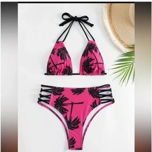 Neon Pink Black Palm Tree Print Bikini